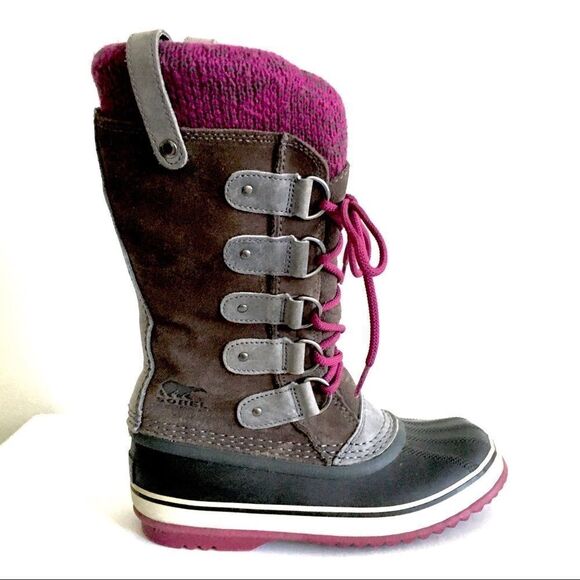 SOREL Joan Of Arctic Knit Lace Up Winter Snow Boots Purple Grey 6 - Picture 2 of 8